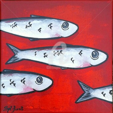 Painting titled "Sardines. Fond roug…" by Sylvie Fiant, Original Artwork, Acrylic