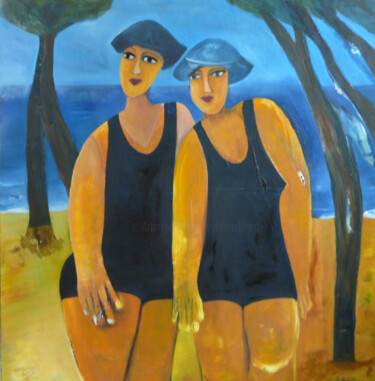 Painting titled "Les BAIGNEUSES" by Sylviehebrard, Original Artwork, Oil Mounted on Wood Stretcher frame