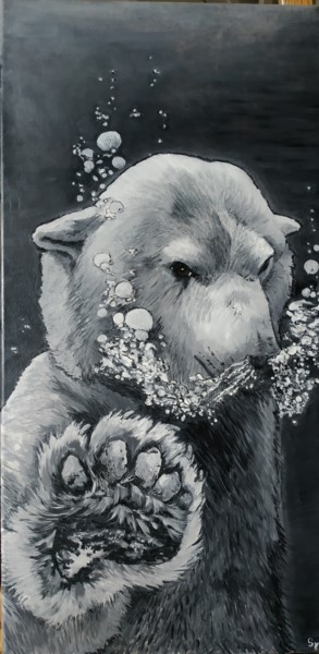 Malerei mit dem Titel "L'ours qui bulle" von Sylvie Lescan, Original-Kunstwerk, Öl Auf Keilrahmen aus Holz montiert