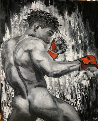 Malarstwo zatytułowany „Boxeur aux gants ro…” autorstwa Sylvie Lescan, Oryginalna praca, Olej Zamontowany na Drewniana rama…