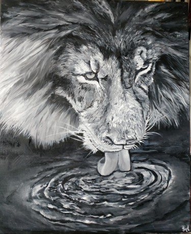 Pintura titulada "Le lion au bord de…" por Sylvie Lescan, Obra de arte original, Oleo Montado en Bastidor de camilla de made…