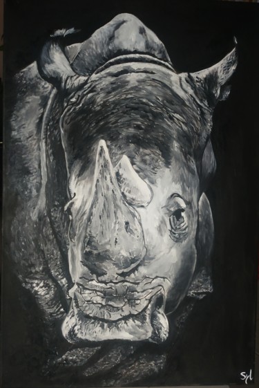Malerei mit dem Titel "Rhinocéros" von Sylvie Lescan, Original-Kunstwerk, Öl Auf Keilrahmen aus Holz montiert
