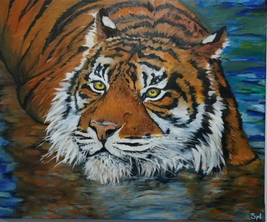 Painting titled "Bain du tigre" by Sylvie Lescan, Original Artwork, Oil Mounted on Wood Stretcher frame