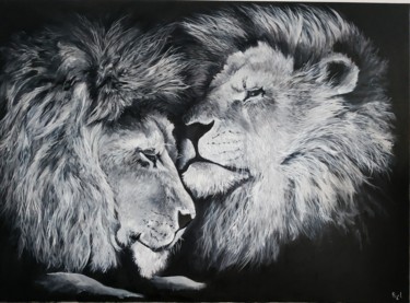 Painting titled "Les frères lion" by Sylvie Lescan, Original Artwork, Oil Mounted on Wood Stretcher frame