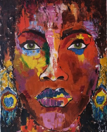 Painting titled "Femme de couleur" by Sylvie Lescan, Original Artwork, Oil Mounted on Wood Stretcher frame