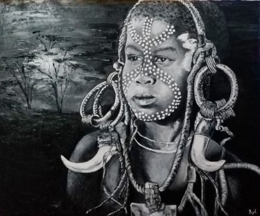 Painting titled "Mursi" by Sylvie Lescan, Original Artwork, Oil Mounted on Wood Stretcher frame