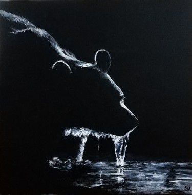 Peinture intitulée "L'ours dans la nuit" par Sylvie Lescan, Œuvre d'art originale, Acrylique Monté sur Châssis en bois