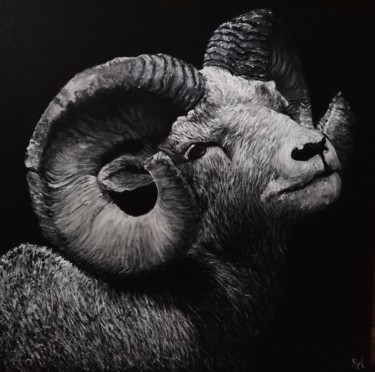 Painting titled "Mouflon" by Sylvie Lescan, Original Artwork, Oil Mounted on Wood Stretcher frame