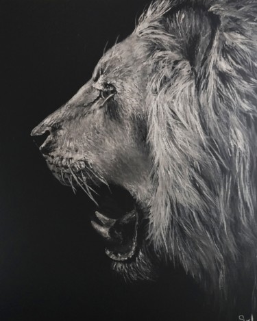Painting titled "Quand le lion parle" by Sylvie Lescan, Original Artwork, Acrylic Mounted on Cardboard