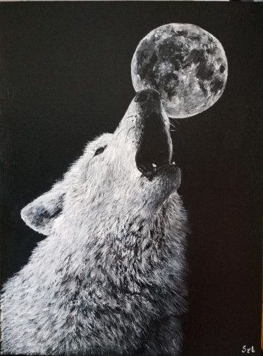 Malerei mit dem Titel "Le loup et la lune" von Sylvie Lescan, Original-Kunstwerk, Acryl Auf Keilrahmen aus Holz montiert