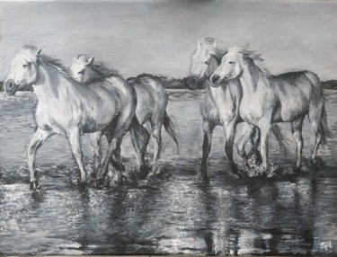 Painting titled "En Camargue" by Sylvie Lescan, Original Artwork, Acrylic Mounted on Wood Stretcher frame