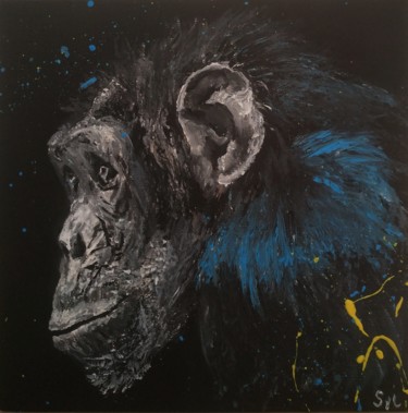 Painting titled "Crazy chimpanzé" by Sylvie Lescan, Original Artwork, Acrylic Mounted on Cardboard