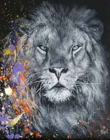 Painting titled "Crazy lion" by Sylvie Lescan, Original Artwork, Acrylic Mounted on Cardboard