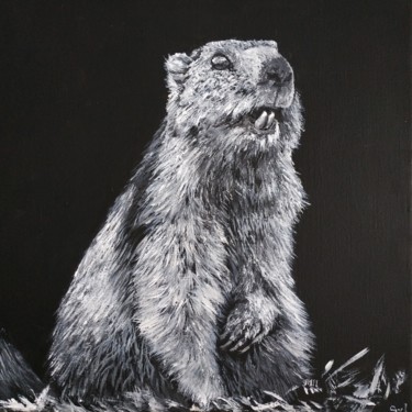 Painting titled "Marmotte" by Sylvie Lescan, Original Artwork, Acrylic Mounted on Wood Stretcher frame