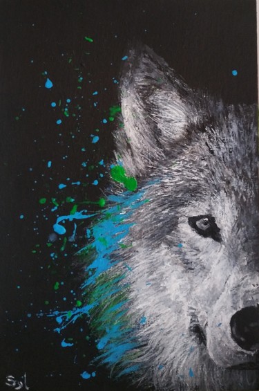 Painting titled "Crazy loup 2" by Sylvie Lescan, Original Artwork, Acrylic Mounted on Cardboard
