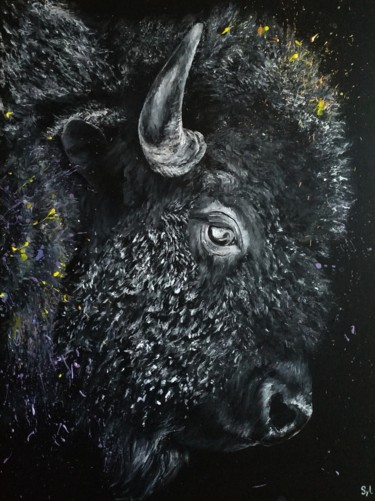 Painting titled "Bison" by Sylvie Lescan, Original Artwork, Acrylic Mounted on Wood Stretcher frame