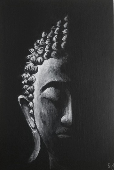Malerei mit dem Titel "Bouddha" von Sylvie Lescan, Original-Kunstwerk, Acryl Auf Karton montiert