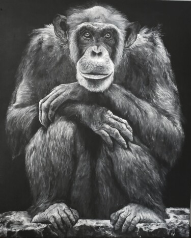 Painting titled "Chimpanzé" by Sylvie Lescan, Original Artwork, Acrylic Mounted on Wood Stretcher frame