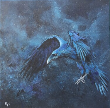 Painting titled "Bleu nuit" by Sylvie Lescan, Original Artwork, Acrylic Mounted on Wood Stretcher frame