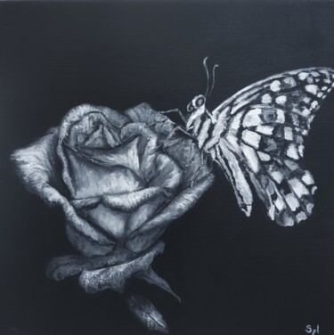 Malarstwo zatytułowany „La rose et le papil…” autorstwa Sylvie Lescan, Oryginalna praca, Akryl Zamontowany na Drewniana rama…