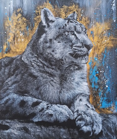Painting titled "Snow leopard" by Sylvie Lescan, Original Artwork, Acrylic Mounted on Wood Stretcher frame