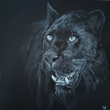 Painting titled "Black panther" by Sylvie Lescan, Original Artwork, Acrylic Mounted on Wood Stretcher frame