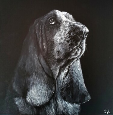 Painting titled "Basset" by Sylvie Lescan, Original Artwork, Acrylic Mounted on Wood Stretcher frame