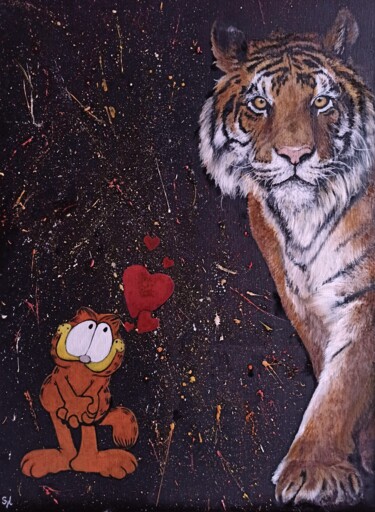 Картина под названием "Big cats" - Sylvie Lescan, Подлинное произведение искусства, Масло Установлен на Деревянная рама для…