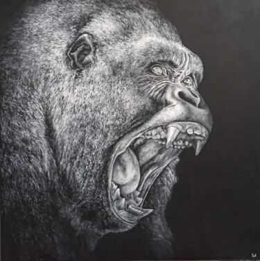 Malarstwo zatytułowany „Le cri du gorille” autorstwa Sylvie Lescan, Oryginalna praca, Akryl Zamontowany na Drewniana rama no…