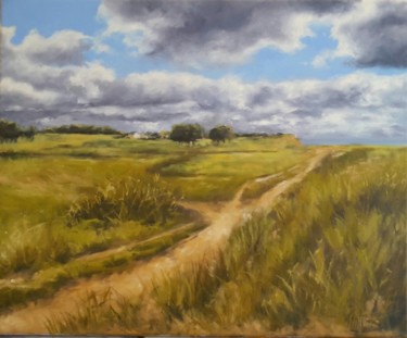 Painting titled "Les dunes de Pirou…" by Sylvie Pioli, Original Artwork, Oil Mounted on Wood Stretcher frame