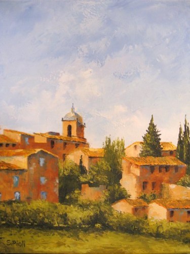 Painting titled ""Le clocher de Lour…" by Sylvie Pioli, Original Artwork, Oil