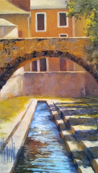 Peinture intitulée "Le pont de Roquevai…" par Sylvie Pioli, Œuvre d'art originale, Huile Monté sur Châssis en bois