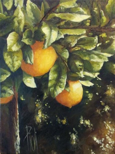 Painting titled "Les oranges" by Sylvie Pioli, Original Artwork, Oil Mounted on Wood Stretcher frame