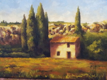 Painting titled "Cabanon des Alpilles" by Sylvie Pioli, Original Artwork, Oil Mounted on Wood Stretcher frame