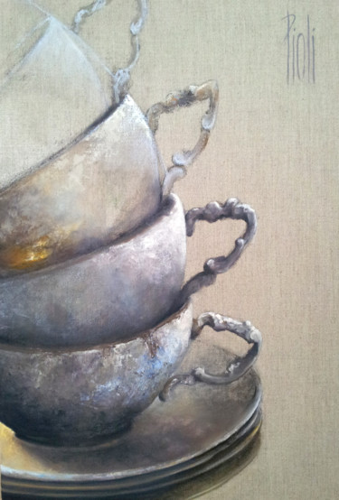 Peinture intitulée "Les tasses inachevé…" par Sylvie Pioli, Œuvre d'art originale, Huile