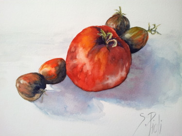 Painting titled "Tomates" by Sylvie Pioli, Original Artwork, Watercolor