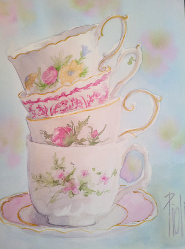 Painting titled "Cup of tea two" by Sylvie Pioli, Original Artwork, Watercolor