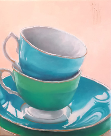 Painting titled "blue cup, green cup" by Sylvie Pioli, Original Artwork, Oil