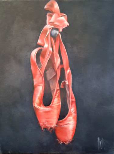 Painting titled "Les chaussons Rouges" by Sylvie Pioli, Original Artwork, Oil Mounted on Wood Stretcher frame