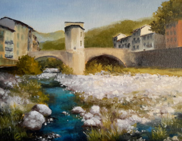 Peinture intitulée "Pont de Sospel I" par Sylvie Pioli, Œuvre d'art originale, Huile Monté sur Carton
