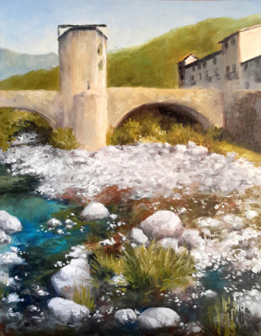 Peinture intitulée "Pont de Sospel II" par Sylvie Pioli, Œuvre d'art originale, Huile Monté sur Carton