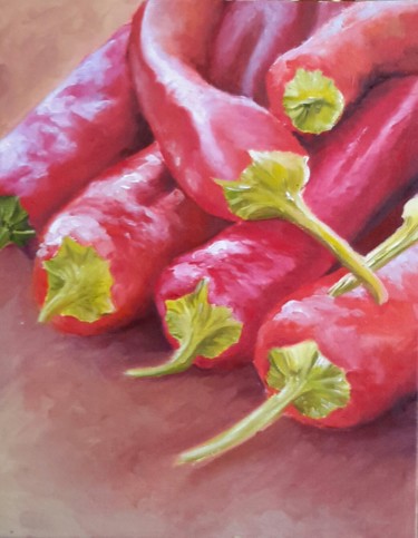 Peinture intitulée "Piments" par Sylvie Pioli, Œuvre d'art originale, Huile Monté sur Carton