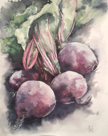 Painting titled "Betteraves" by Sylvie Pioli, Original Artwork, Watercolor