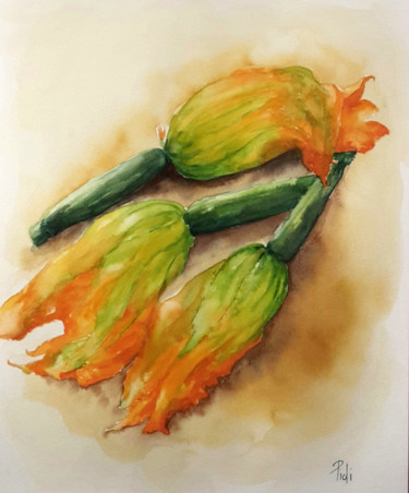 Peinture intitulée "Fleurs de courgettes" par Sylvie Pioli, Œuvre d'art originale, Aquarelle