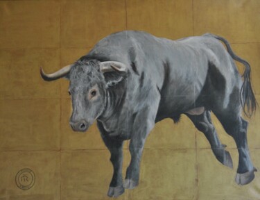 Painting titled "Taureau gris" by Sylvie Roussel Méric, Original Artwork, Oil Mounted on Wood Stretcher frame