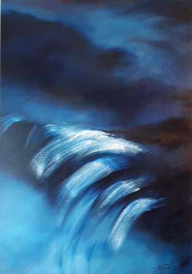 Painting titled "Rythm&Blue" by Sylvie Tricard, Original Artwork, Oil Mounted on Wood Stretcher frame