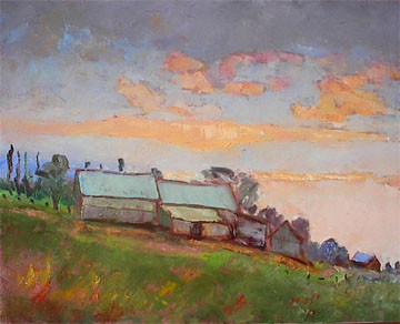 Painting titled "Early morning barns" by Sylvio Gagnon, Original Artwork