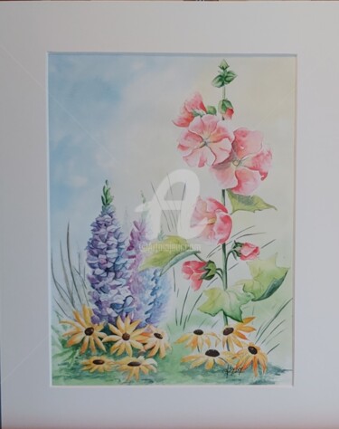 Malerei mit dem Titel "Lupins et Roses tré…" von Sylvy Aquarelles, Original-Kunstwerk, Aquarell