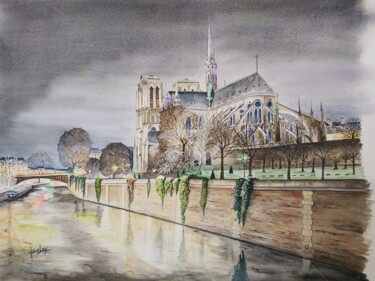 Painting titled "Notre-Dame-De-Paris" by Sylvy Aquarelles, Original Artwork, Watercolor