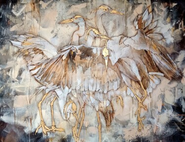 Painting titled "Golden herons" by Sylwia Wenska, Original Artwork, Acrylic Mounted on Wood Stretcher frame